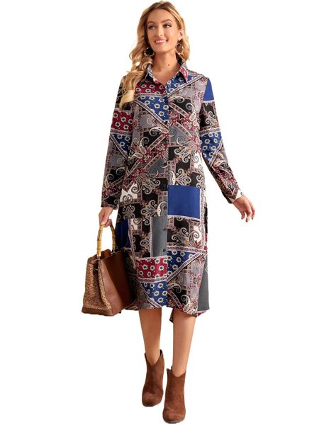 

paisley scarf print asymmetrical hem shirt dress a37d#, Black;gray