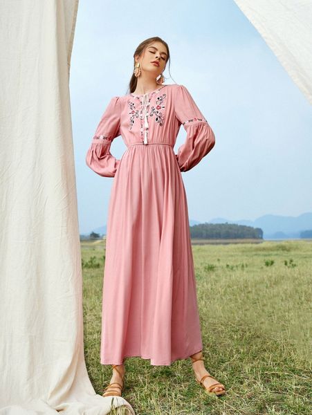 

floral embroidery tie neck bishop sleeve dress h4sp#, Black;gray