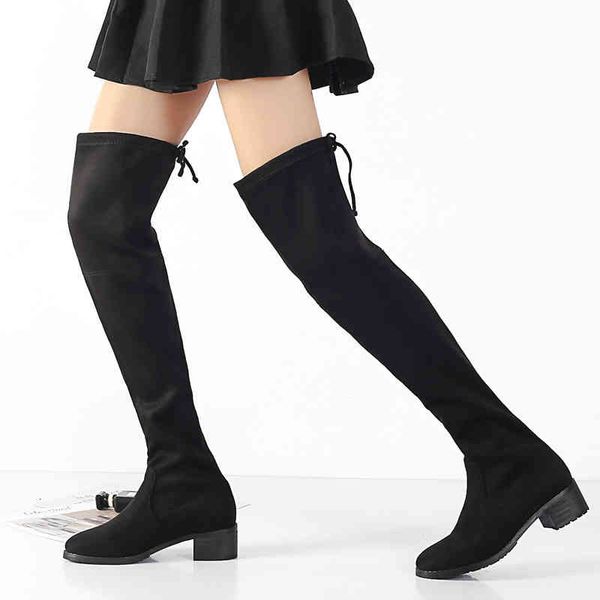 

boots winter sw thick heel round head over knee boots suede elastic cloth women's net red, Black