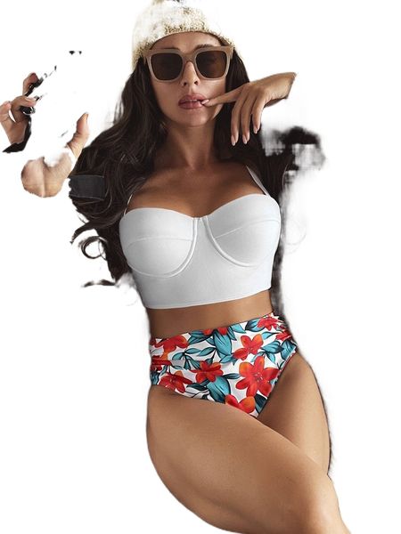 

floral ruched push up bikini swimsuit 906f#, White;black
