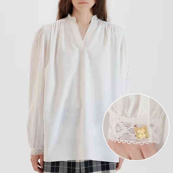 

women's blouses & shirts spirng summer arrival woman lace detail v-neck loose fit white shirt vintage 5x4s