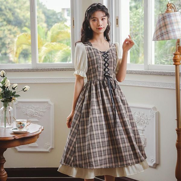 Lässige Kleider Süßes Vintage-Kleid Frauen 2022 Sommer Spitze Quadratischer Ausschnitt Elegante schicke Fliege Kawaii japanische weiche süße Lolita Vestido