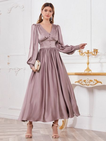 

buttoned front ruched bust satin dress b9ys#, Black;gray
