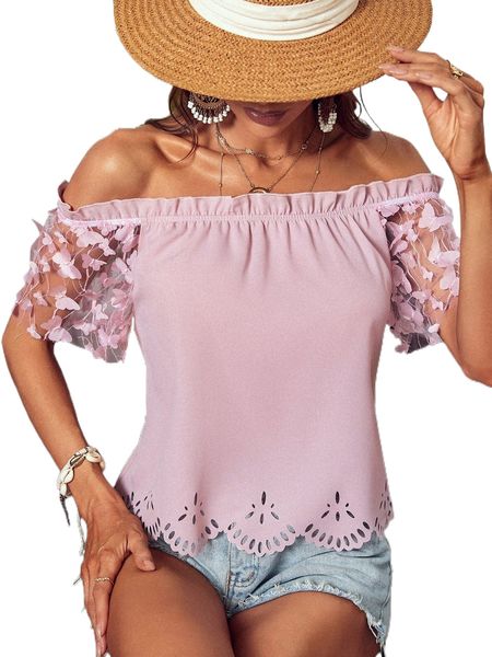 

off the shoulder frill trim appliques laser cut blouse t0kp#, White