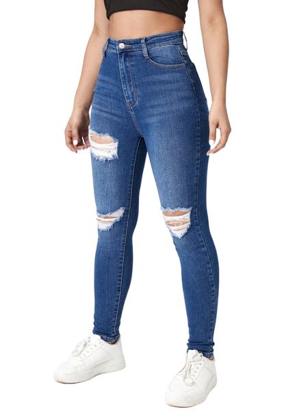 

high waist ripped skinny jeans 18m4#, Blue