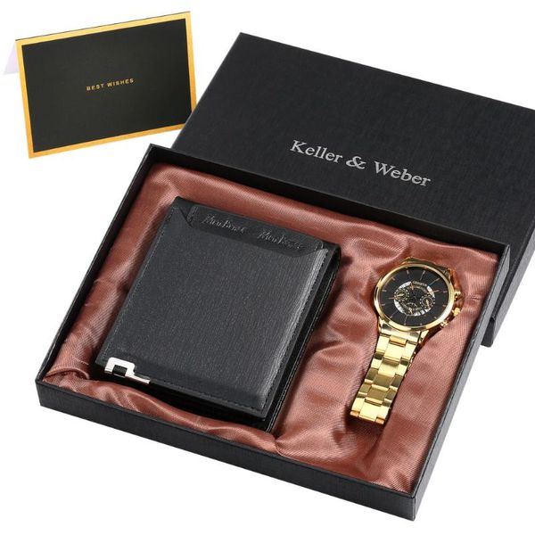 Armbanduhren Luxus Goldene Männer Brieftasche Uhr Kit Edelstahl Quarzuhr Einfaches Zifferblatt Mann Leder Geburtstagsgeschenke Set für EhemannArmbanduhr