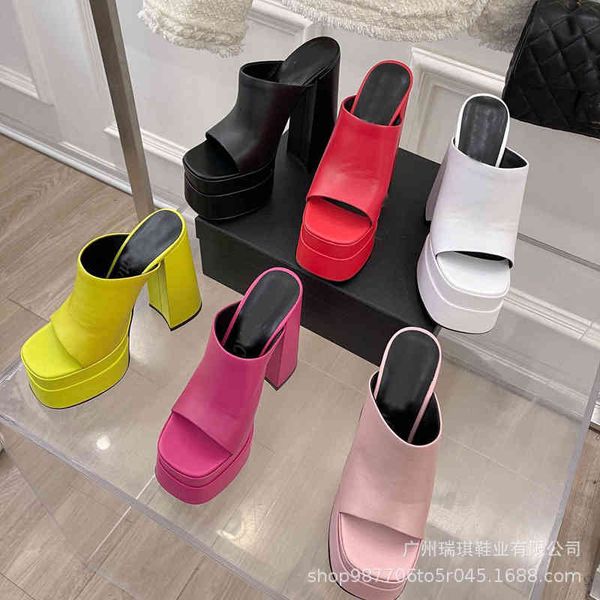 

sandals summer women's thick high-heeled sandals cowhide round head candy color waterproof platform i-shaped shoes single 45zq, Black