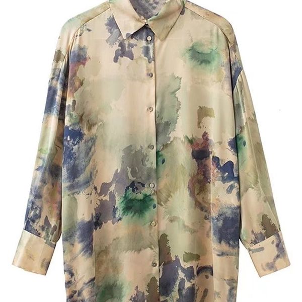 

traf women fashion soft touch printed oversized shirts vintage long sleeve front covered buttons female blouses chic 220813, White