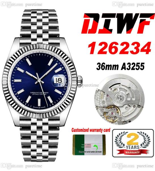 

diwf 36mm 126234 sa3235 automatic mens watch fluted bezel blue dial stick markers 904l steel jubileesteel bracelet super edition puretime d4, Slivery;brown