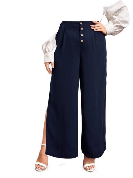 

plus high waist button fly split hem wide leg pants f3eh#, Black