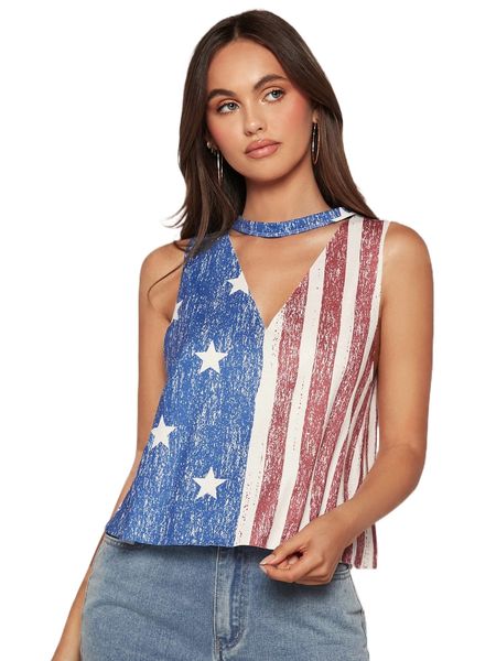 

flag print choker neck americana tank p6r6#, White