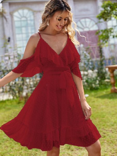 

swiss dot cold shoulder ruffle hem belted dress f3mp#, Black;gray