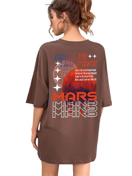 

mars and slogan graphic drop shoulder tee v657#, White