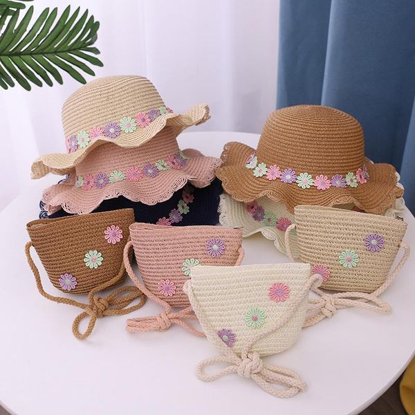 

berets summer kids girls beach sun hats handlebag set wide brim straw hat cap children's holiday travel bags baby gorras, Blue;gray