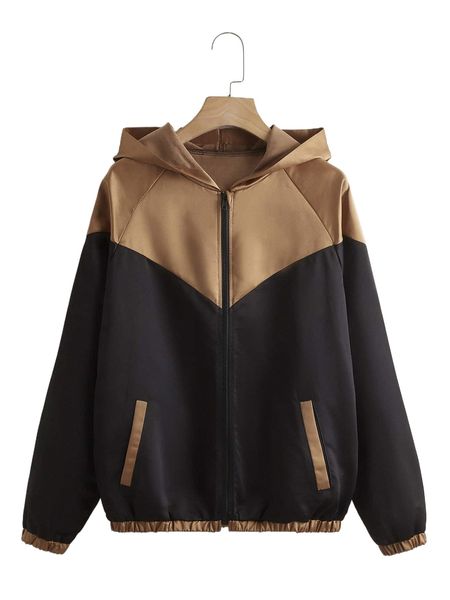 

two tone raglan sleeve zipper hooded jacket 27zz#, Black;brown