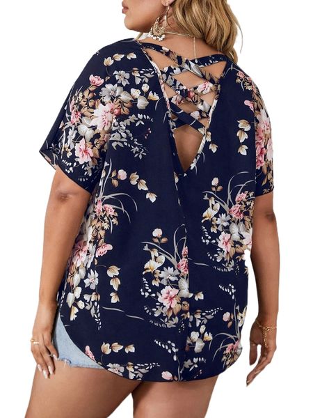 

plus floral print crisscross batwing sleeve blouse k6ma#, Black