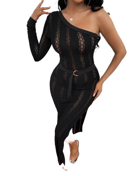 

sxy split thigh one shoulder belted dress e42q#, Black;gray