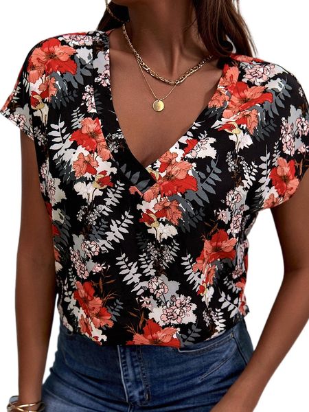 

floral print v neck shirt m5tb#, White