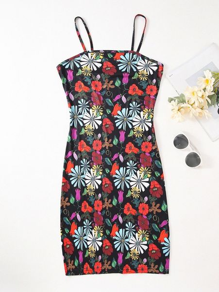 

1pc allover floral print cami dress b9xs#, Black;gray