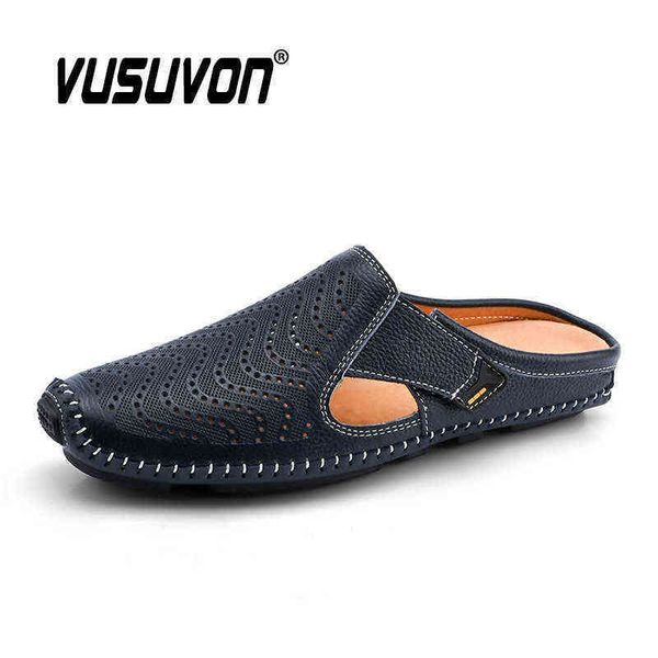 

men slippers 2022 real leather business driving shoes outdoor autumn flats breathable casual mules for man 220216, Black