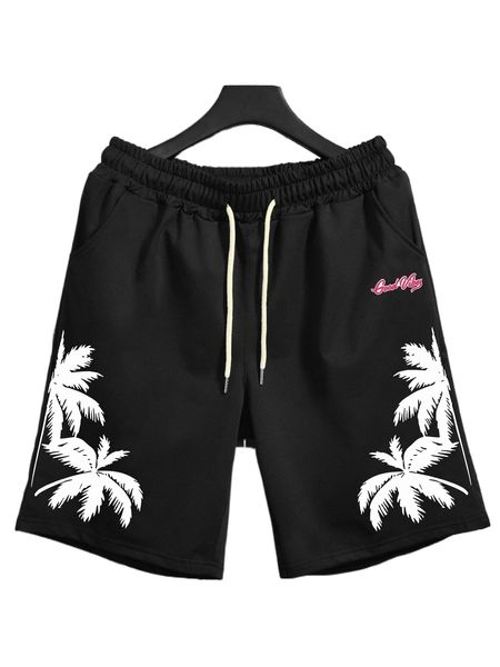 

men coconut tree & letter graphic drawstring waist shorts 93ys#, White;black