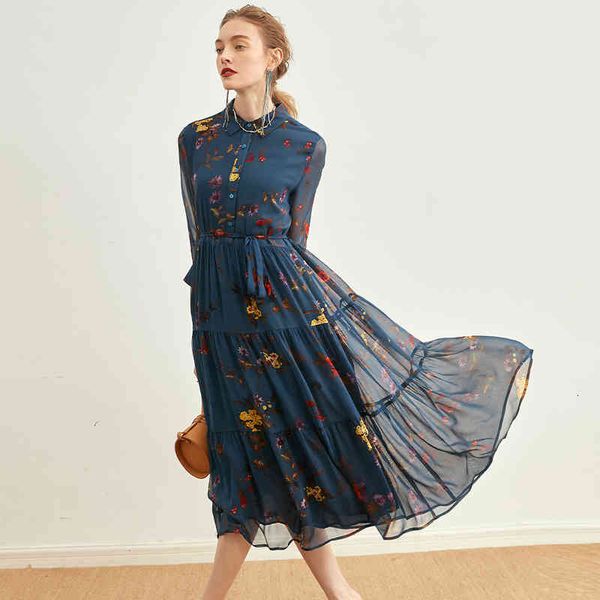 

silk georgette spring and summer broken flower silk dress female mulberry high waist beach skirt, Black;gray