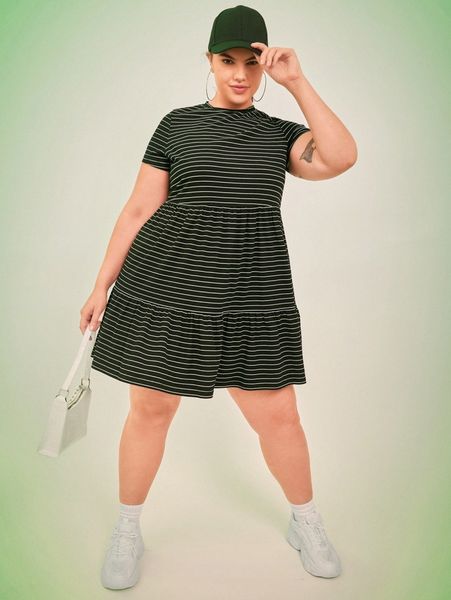 

plus striped print ruffle hem dress m1pg#, Black