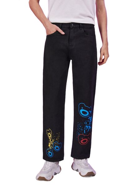 

romwe guys cartoon bear graphic straight leg jeans m90o#, Blue