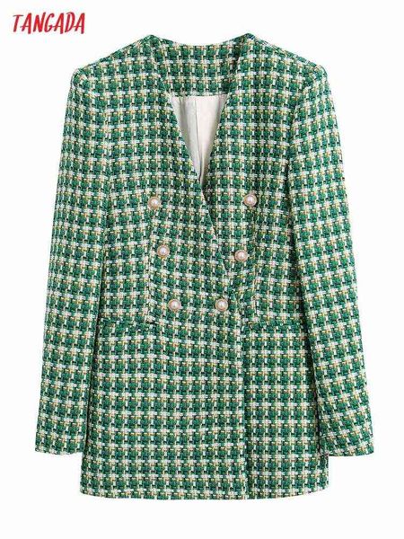 

suit tangada women vintage green plaid tweed thick blazer female long sleeves e, White;black