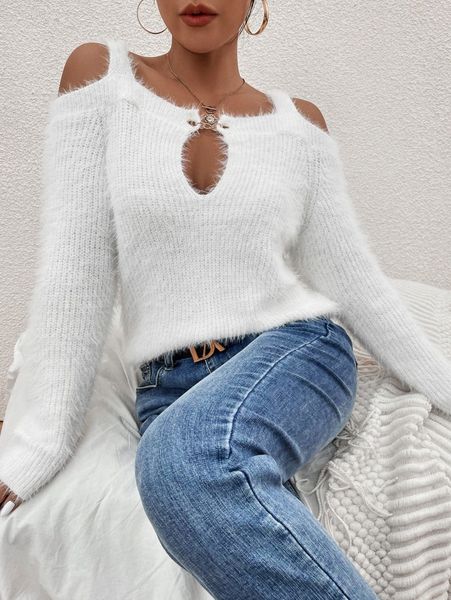 

cold shoulder fluffy knit cut out front sweater 90sf#, White;black