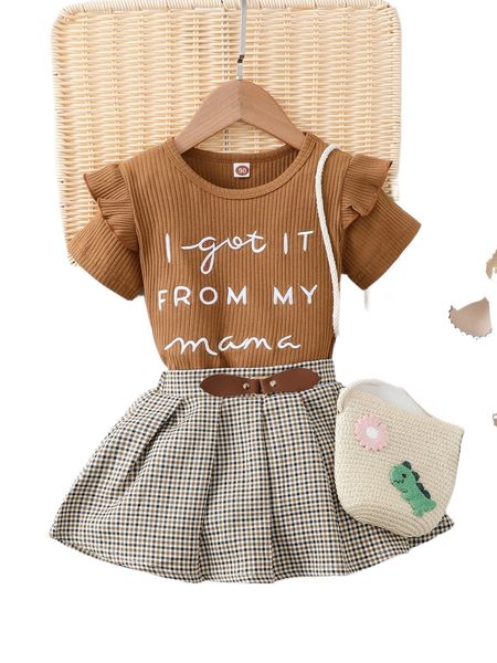 

toddler girls slogan embroidery ruffle trim tee & plaid skirt 75oz#, Black;white