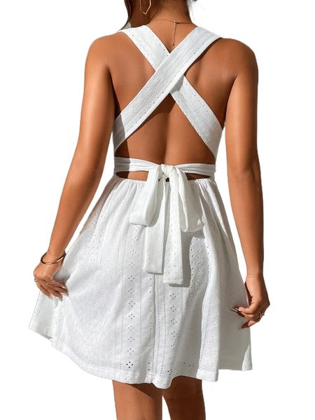 

eyelet embroidery plunging neck criss cross tie back dress s2sk#, Black;gray