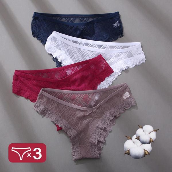 

3pcs set lace panties womens perspective underwear hollow lingerie female floral briefs soft underpants, Black;pink