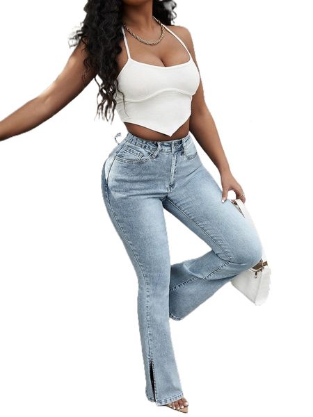 

sxy split hem flare leg jeans l6rs#, Blue