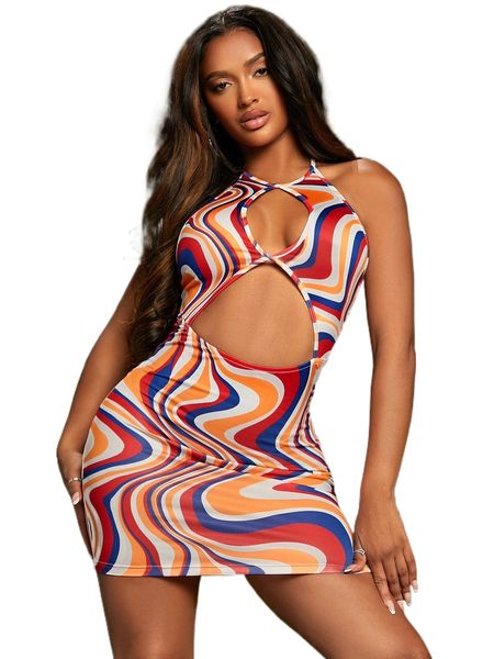

sxy allover print cut out tie back bodycon dress b0q7#, Black;gray