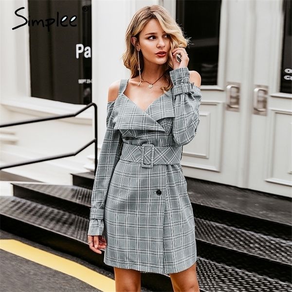 

vneck plaid sash belt women dress spaghetti strap button office ladies dress autumn winter female short party dress t200106, White;black