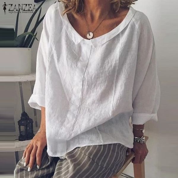 

zanzea casual womens summer tunic vintage linen blouse female lapel work blusas elegant female long sleeve shirts 5xl y200402, White