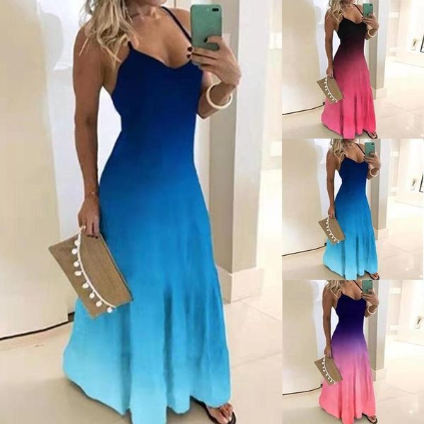 Mulheres casuais robe sexy Summer Summer sem mangas / pescoço de pescoço vestido longo maxi grande balanço para trás roupas de rua 220521