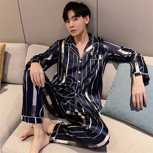 

men comfortable pyjamas set 3xl 4xl 5xl long sleeve casual home wear spring autumn silk boy pajama s leisure sleepwear 220426, Black;brown