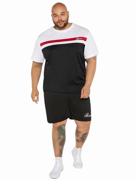 

extended sizes men color block letter graphic tee & shorts o5v1#, Gray