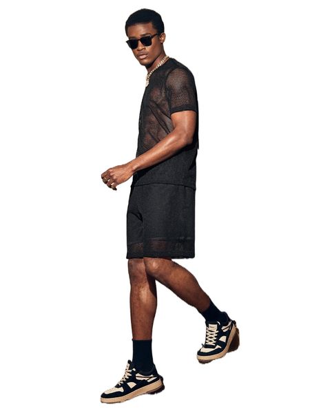 

men solid sheer tee & drawstring waist shorts m3mz#, Gray