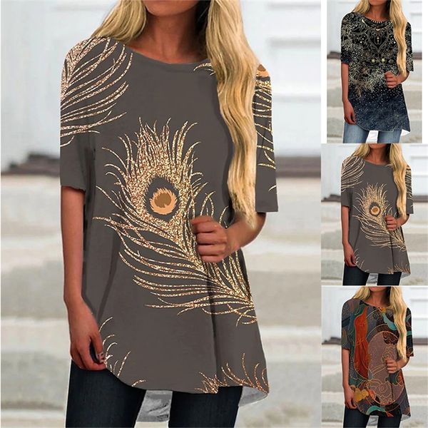 

womens tshirt feather short sleeve print tshirt abstract print spring summer round neck casual fashion womens 220527, White