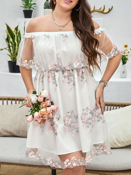 

plus off shoulder floral embroidery mesh dress j02o#, Black