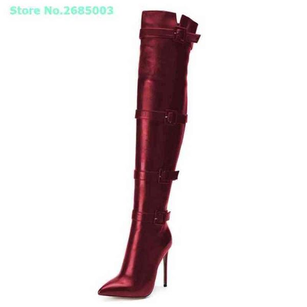 

solid glitter stiletto heel boots pointed toe over the knee buckle straps side zipper autume winter women party dress boots shoe 220514, Black