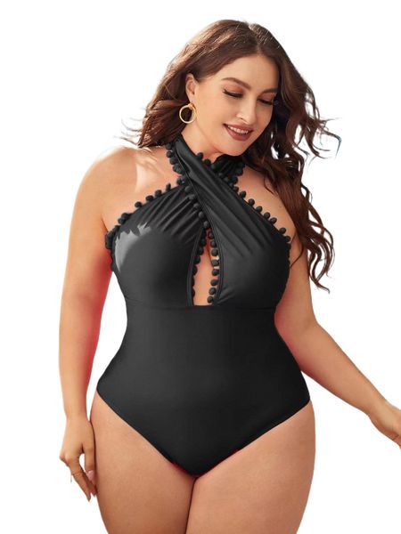 

plus pompom trim halter one piece swimsuit h1vc#, White;black