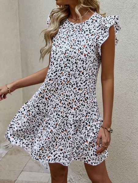 

allover print ruffle trim dress 15wr#, Black;gray