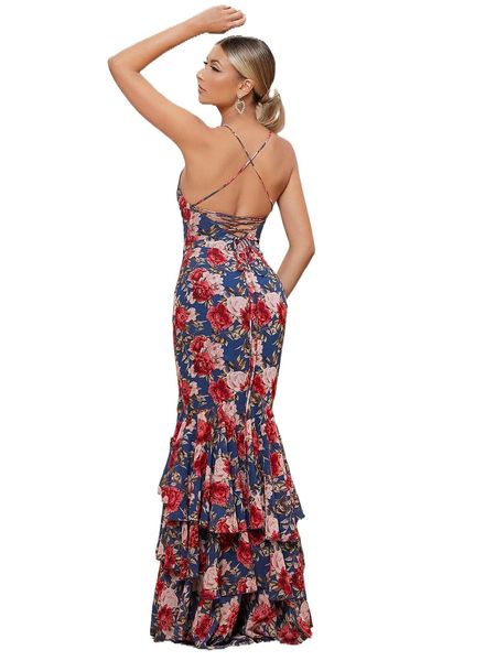 

allover floral print lace up backless layered mermaid hem slip dress 73sn#, Black;gray