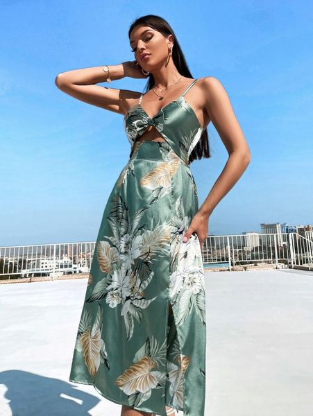 

random floral print knot front split thigh cami dress t8ae#, Black;gray