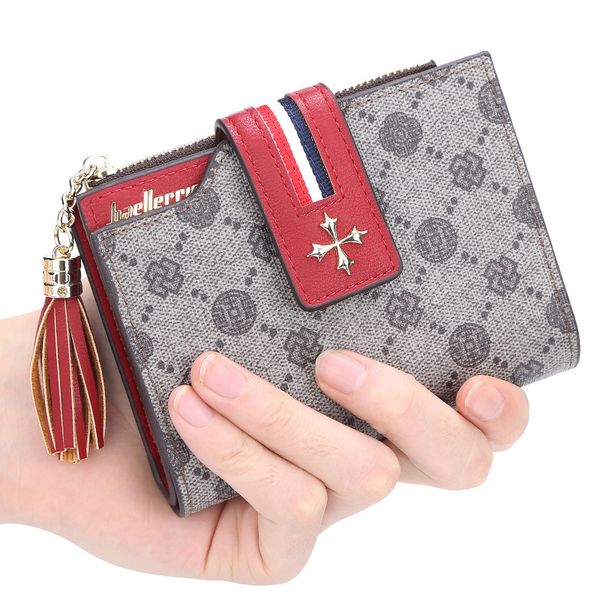 

new style classic pattern short wallet for women tassel lady coin purse, Red;black