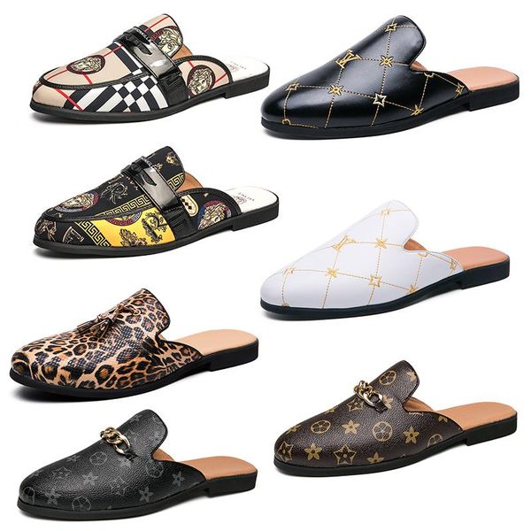 

luxury brand mens designer horsebit metal buckle grid pattern slippers genuine leather mules black brown flip flops men casual lazy shoes